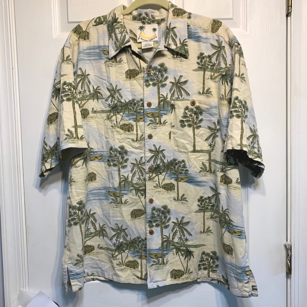VTG Banana Cabana Silk Hawaiian Shirt XL Tropical Palm Tree Island Wood Button